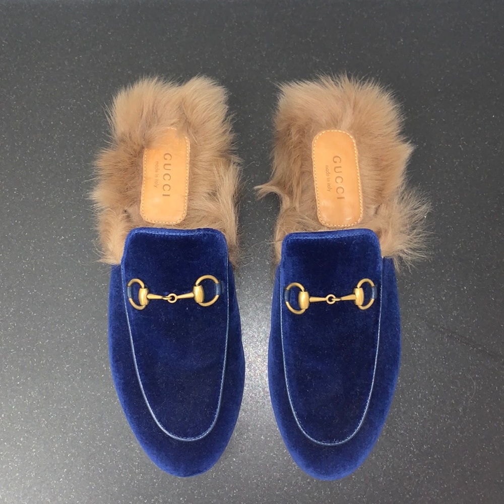 Gucci Princetown Slippers Cobalt Blue Fur